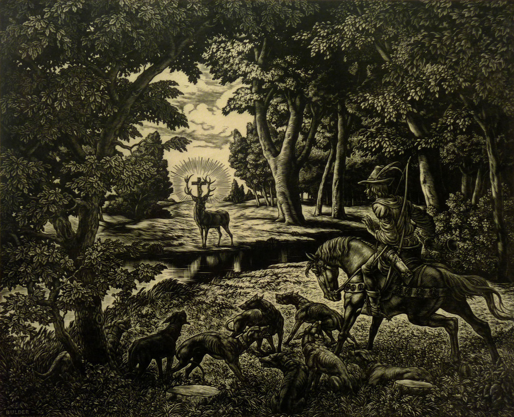 Sint Hubertus, houtgravure, 1938.
Een jager komt oog in oog te staan met een hert dat tussen de takken van zijn gewei een kruis draagt. Het paard blijft stokstijf staan, in de ogen van de ruiters is schrik en verbazing te lezen. Maar het meest opvallende in deze prent is de grandioze hondenmeute, in verwarring gebracht, grommend naar de vreemde verschijning. Nico was bevriend met de freule van Slochteren en heeft de tuin als achtergrond gebruikt voor de grote houtgravure. Ook hier gebruikte Bulder de toonburijn, een instrument wat zich leende om sneeuw, een stofwolk of rook weer te geven. Alles wat wollig, wattig, grassig of onstoffelijk was, kon hij hiermee uitbeelden.
Bulder heeft altijd grote bewondering gehad voor gewaardeerd kunstenaar Albrecht Dürer (1471 - 1528). Beide kunstenaars zijn liefhebbers van grafiek en christelijke onderwerpen, waardoor Bulder ook regelmatig dezelfde onderwerpen uitbeeldde, voorbeelden zijn de vier ruiters van de Apocalyps, St. Christophorus, St. Hieronymus en de leeuw, St. Hubertus en St. Sebastiaan. De inspiratie van Dürer is zeker terug te zien in het werk van Bulder. Toch kan geen vergelijking aan de werken verbonden worden, omdat ieder kunstwerk geïnterpreteerd dient te worden naar zijn tijd.